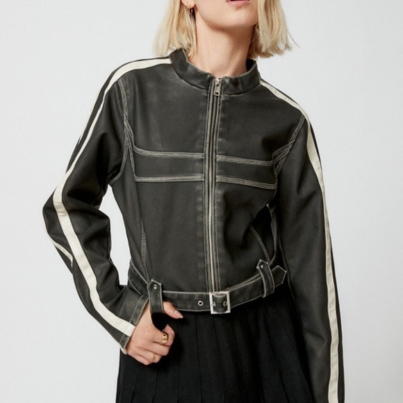 Cropped Moto Jacket with White Racing Stripes - Picture 2 of 3